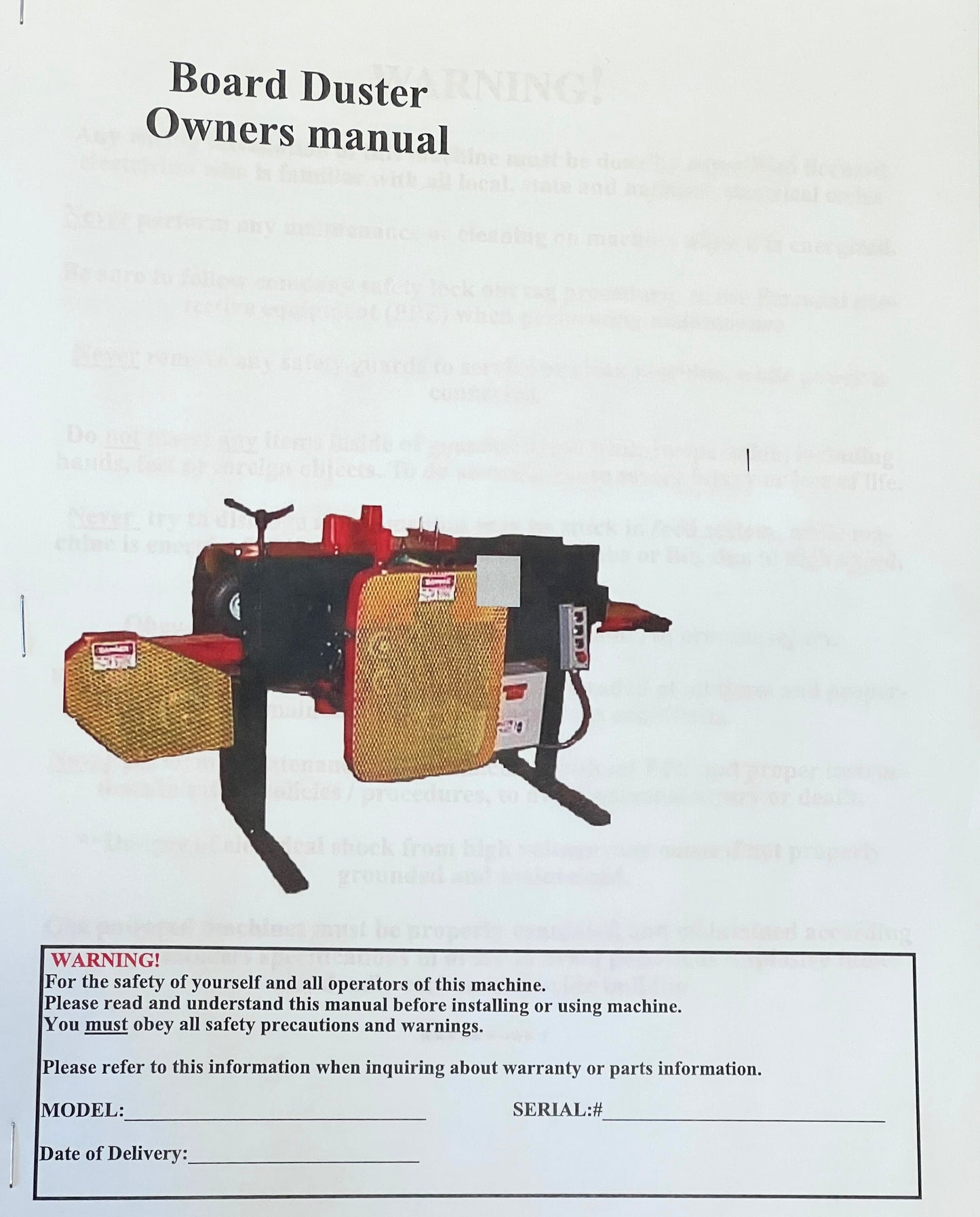 Board Deduster Owners Manual